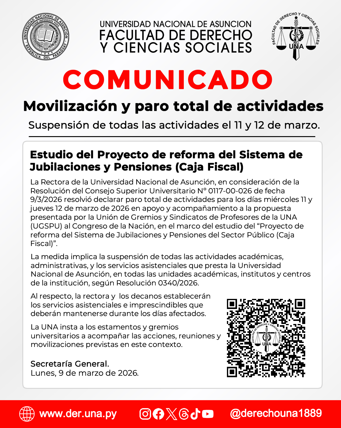 Comunicado sobre movilización y paro total de actividades y servicios, miercoles 11 y jueves 12/03/2026